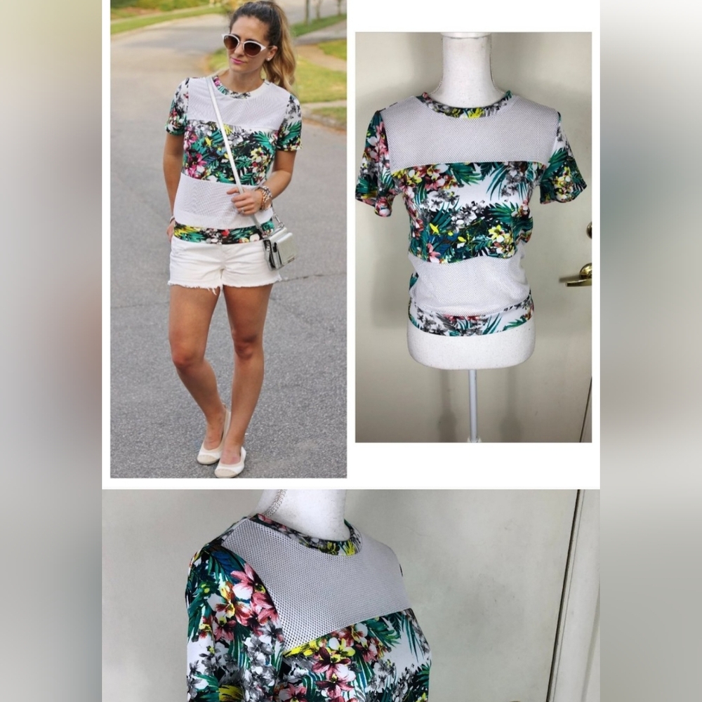 Nicki‎ Minaj Womens XL Tropical Floral Mesh Top Short Sleeve Colorblock